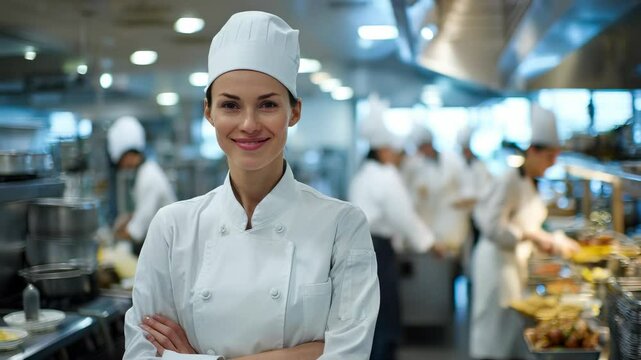 Skilled female chef stands confidently with crossed arms in a bustling restaurant kitchen, her calm demeanor contrasting with the activity of her team preparing meals in the background