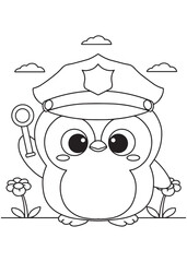 Coloring book penguin dressed as a police officer with a hat and badge