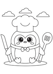 Coloring book penguin dressed as a chef with a hat and bow tie, holding a knife and spatula