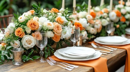 Elegant floral centerpiece on rustic wooden table setup