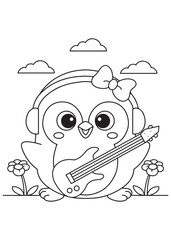 Coloring book penguin wearing headphones and a bow, happily playing an electric guitar