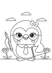 Coloring book penguin wearing glasses and a bow, holding a pencil