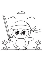 Coloring book penguin wearing a ninja headband and holding a sword, ready for action.