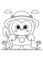 Coloring book penguin wearing a straw hat and overalls, holding a shovel, 