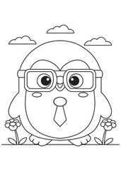 Coloring book penguin wearing stylish glasses and a tie, ready for a day of learning