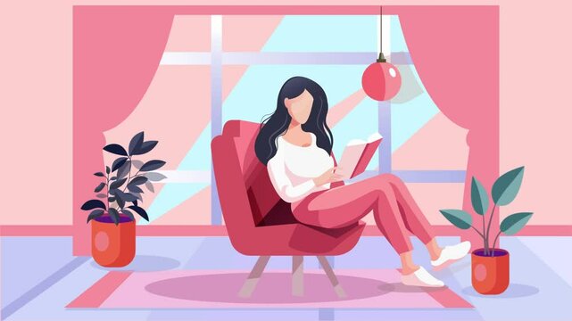 Young woman reads a book on couch at cosy home. The girl sitting on the sofa, reading a book and resting. Female daily lifestyle vector illustration. Character in modern flat art style 