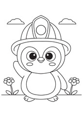 Coloring book penguin wearing a firefighter helmet, happily waving among sweet flowers