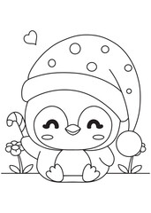 Coloring book penguin wearing a Christmas hat and holding a candy cane