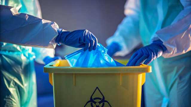 Biohazard waste disposal medical concept with gloved hands and protective suit healthcare setting