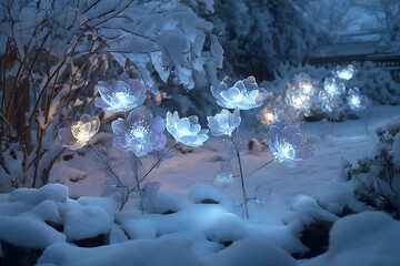 Illuminated flower sculptures in a snowy garden at night.