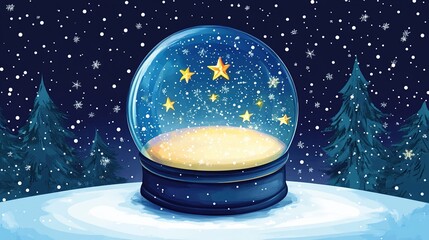 Clear snow globe with golden stars at night