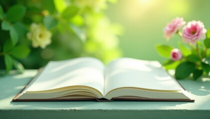 Empty notebook mockup, green floral backdrop, sunlight, elegant, writer