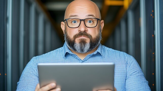 Thoughtful IT Professional Using Tablet In Server Room
