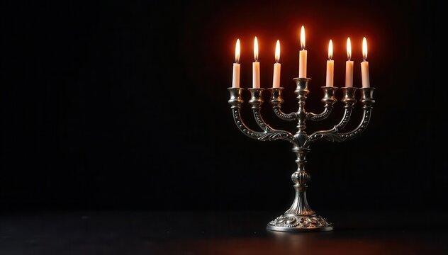 Ornate silver menorah, glowing flames, rich black background, tradition, sabbath, night