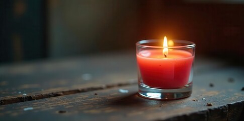 Single burning candle in glass holder on rustic surface, glow, detail