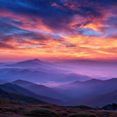 Majestic mountain sunrise, vibrant clouds, layered peaks