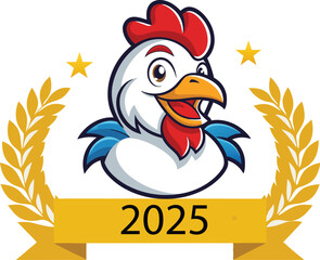 Year of the Rooster 2025 Celebration Cute Cartoon Chicken with Laurel Wreath, Stars, and Festive Banner Design