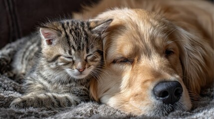 Cat and a dog are sleeping together on a bed