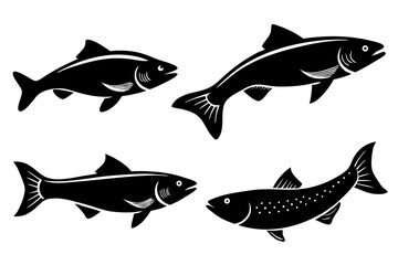 set of Salmon vector silhouette illustration isolated on white background