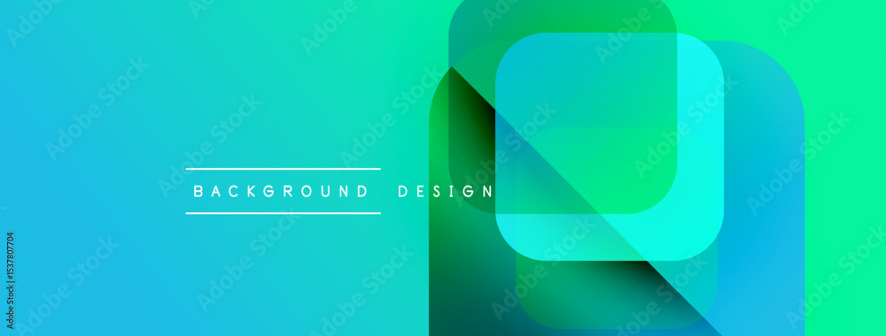 Poster Abstract geometric shapes overlap. Gradient colors transition from blue to green. Minimalist design with text elements present.