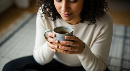 Minimalist Woman Drinking Tea on Neutral Rug in Silence Close-Up
