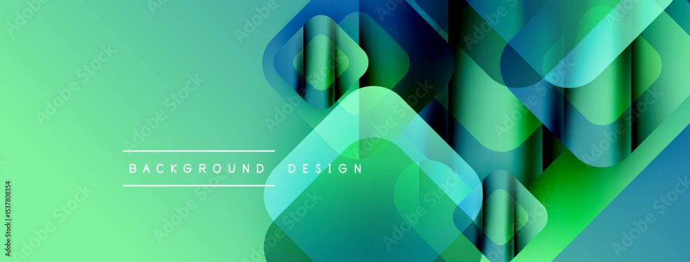 Poster Abstract geometric shapes overlap, creating vibrant gradient effect. Green background complements blue elements. Modern design aesthetic.