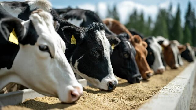 Dairy cows with ear tags munching on hay from a concrete trough, soaking up the sun on a warm day at a farm, surrounded by lush fields and a peaceful countryside landscape