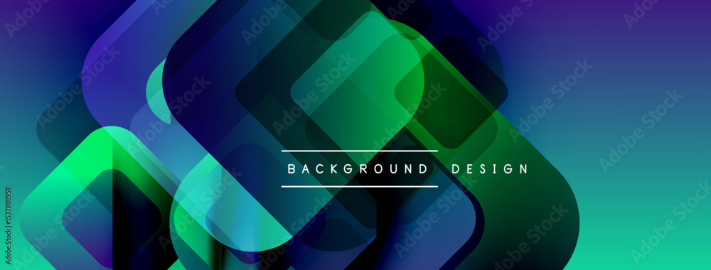 Poster Abstract geometric shapes overlap, creating vibrant blue, green gradients. Modern design suitable for backgrounds, presentations.