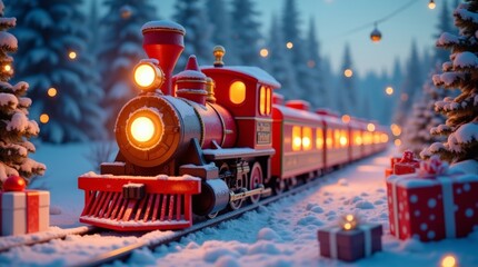 Vintage Christmas Train in Snowy Forest with Lights, Gifts, and Winter Holiday Decorations
