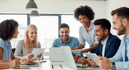 Creative professionals having group meeting in bright modern workspace