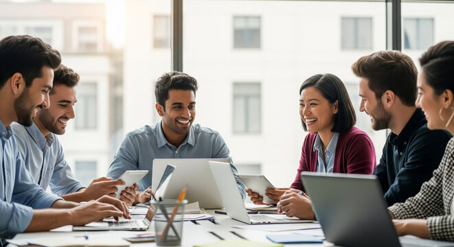 Business team collaborating around laptops in modern office environment