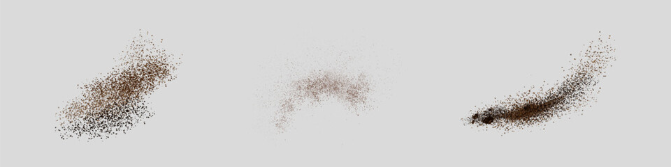 Flying coffee or chocolate powder, dust particles in motion, ground splash isolated on light background. Vector illustration.