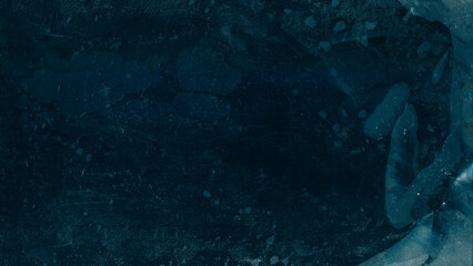 Distressed texture. Wet stains. Black blue dust scratches weathered broken glass uneven surface dark grunge abstract dark background.