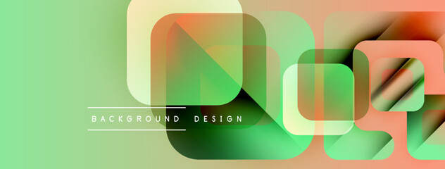 Abstract geometric shapes overlap, creating vibrant gradients. Light green, orange hues dominate design. Minimal text present.