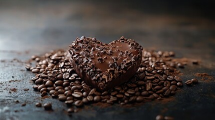Elegant heart pattern liquid chocolate, scattered coffee bean arrangement, professional food composition, moody lighting, artisanal beverage photography, textured elements, smooth liquid motion,