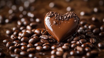 Elegant heart pattern liquid chocolate, scattered coffee bean arrangement, professional food composition, moody lighting, artisanal beverage photography, textured elements, smooth liquid motion,