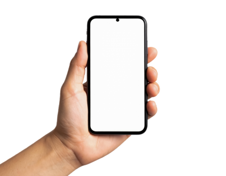 hand holding smart phone with black screen mockup isolated on transparent png clipping path