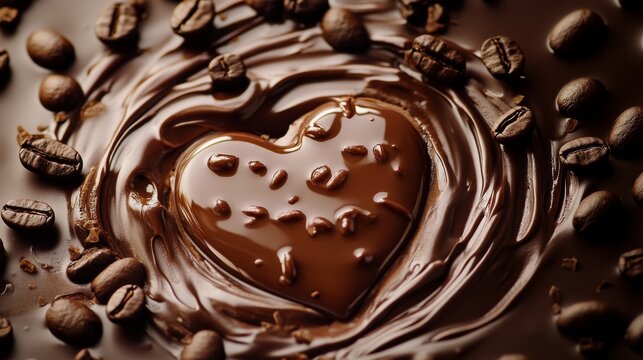 Elegant heart pattern liquid chocolate, scattered coffee bean arrangement, professional food composition, moody lighting, artisanal beverage photography, textured elements, smooth liquid motion,