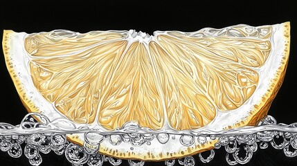Detailed lemon slice in water.  A vibrant, close-up view of a lemon wedge, showcasing intricate textures and patterns within the fruit's flesh