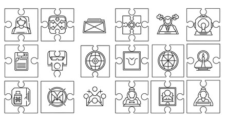 Fototapeta premium A collection of various icons arranged within puzzle piece outlines.