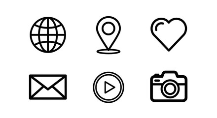 Simple line icons representing global communication, location, social media, and media sharing.