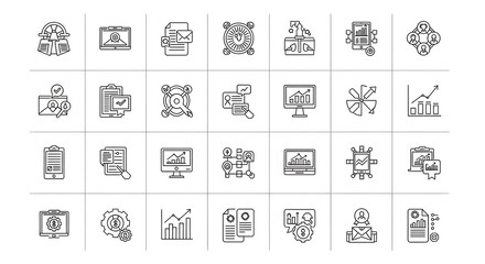 A collection of line icons depicting various aspects of data management, analysis, and digital workflow processes.