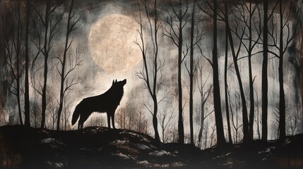 Silhouetted wolf howling at a large, full moon in a dark, misty forest.