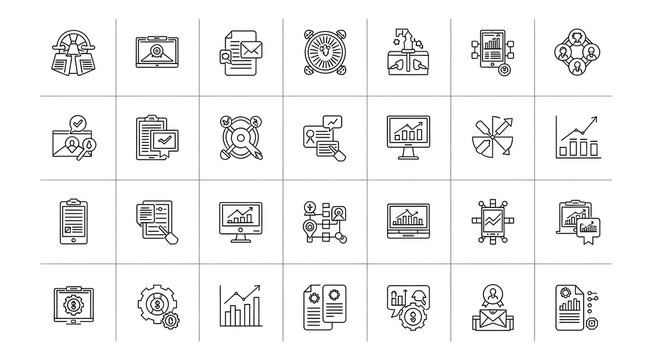 A collection of line icons depicting various aspects of data management, analysis, and digital workflow processes.