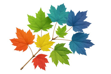 Rainbow colored maple leaves growing from a branch on a transparent background, perfect for nature and design projects