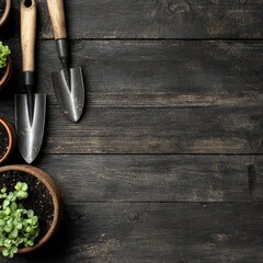 Gardening tools and plants on dark wood (1)