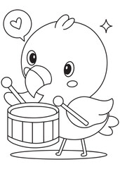 Coloring book flamingo happily playing a drum with drumsticks