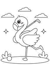 Coloring book kawaii flamingo happily playing golf with a club and ball
