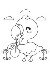 Fototapeta premium Coloring book kawaii flamingo happily playing the saxophone
