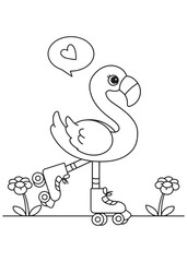 coloring book flamingo happily roller skating with a heart bubble above its head